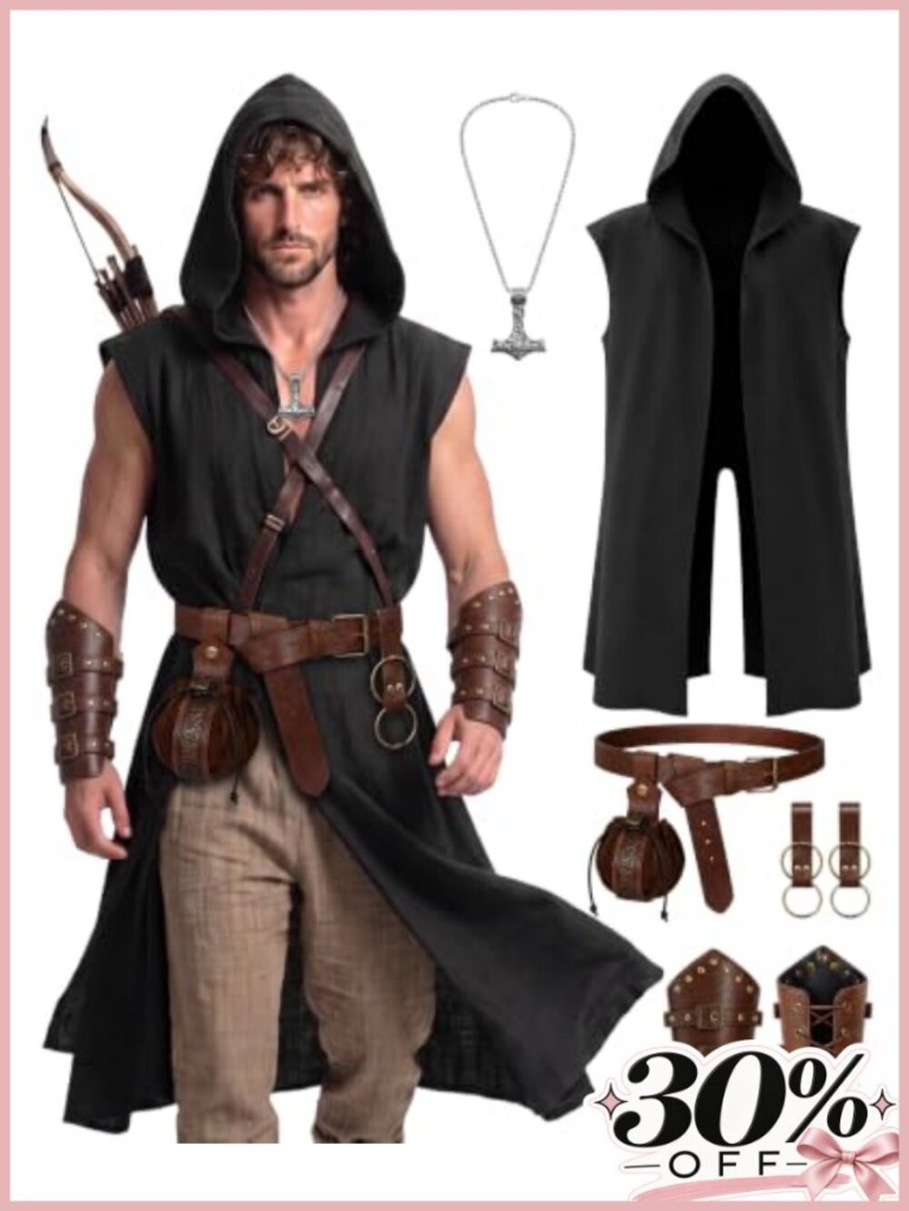8 Pc Men Medieval Renaissance Costume Hooded Surcoat Belt Pouch Bracers Cosplay